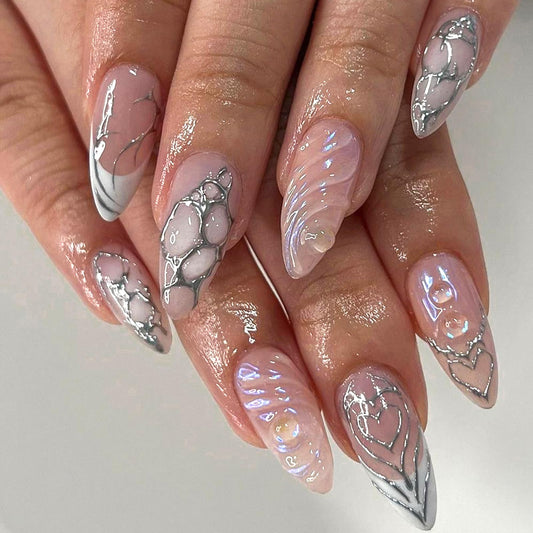 24Pcs Almond Press On Nails,Almond Shaped Press On Nails,Almond Nails Press On Long Almond Nails Thick Fake Nails with 3D Stereoscopic Water Ripples Designs Artificial Nails Stick on Nails For Women